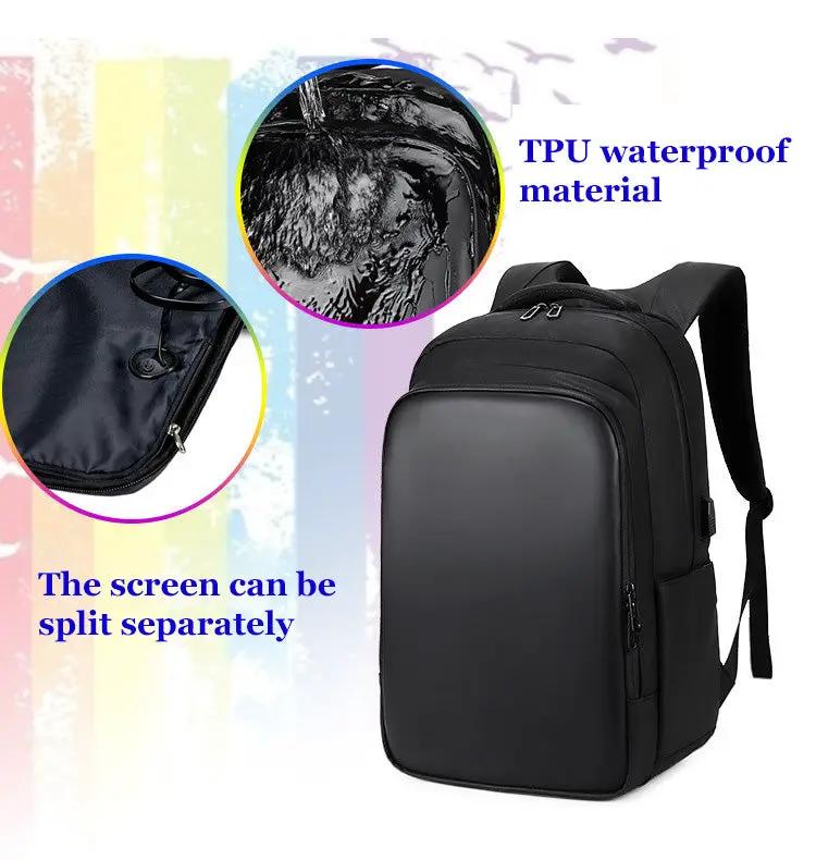 LED display backpack, black TPU waterproof material; fits 15.6-inch laptop.