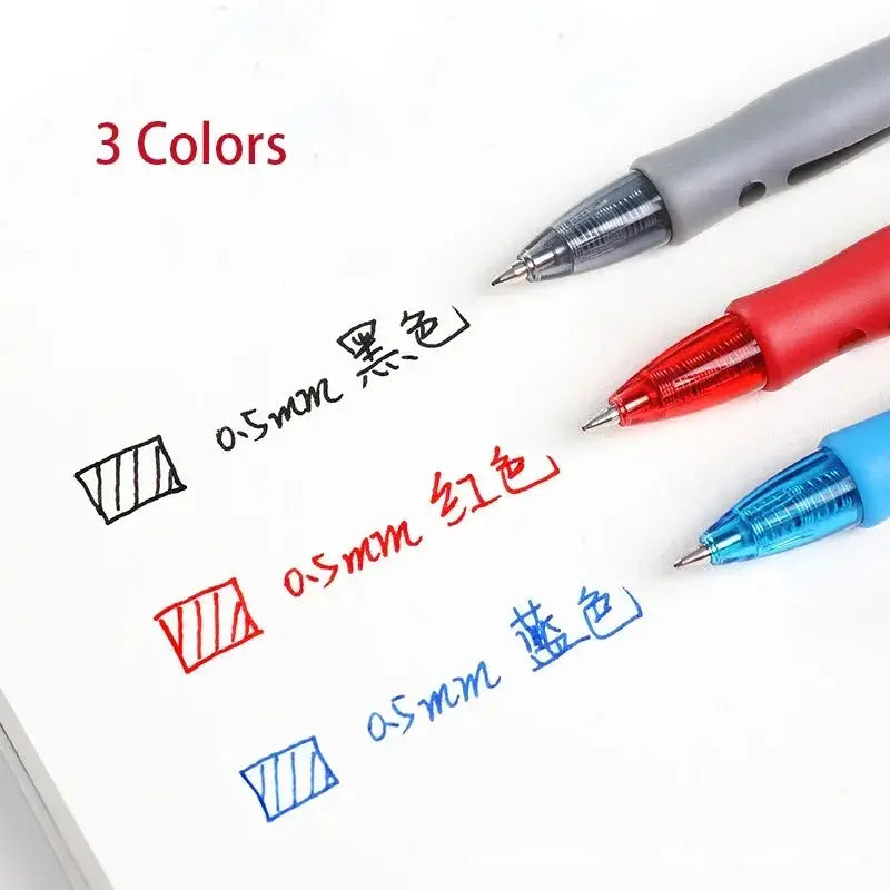 Three-pack retractable gel pen set in black, red and blue (0.5mm) for writing