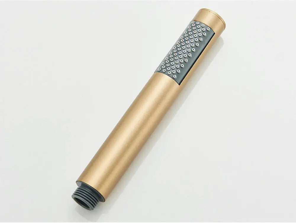 Simples Market brushed-gold hand-held shower head with black grip, plastic body, single-function