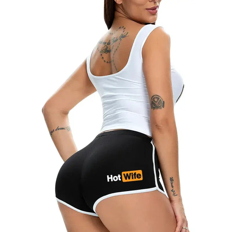 Women's black stretch shorts with white trim and Hot Wife logo by Simples Market