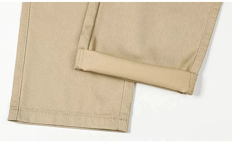 Simples Market khaki cotton slim men’s suit pants, casual business trousers with pant leg hem close-up