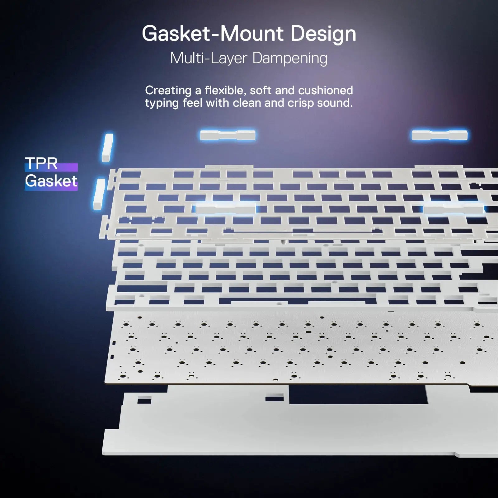 White gasket-mount keyboard frame on display, showcasing multi-layer dampening and RGB glow accents.