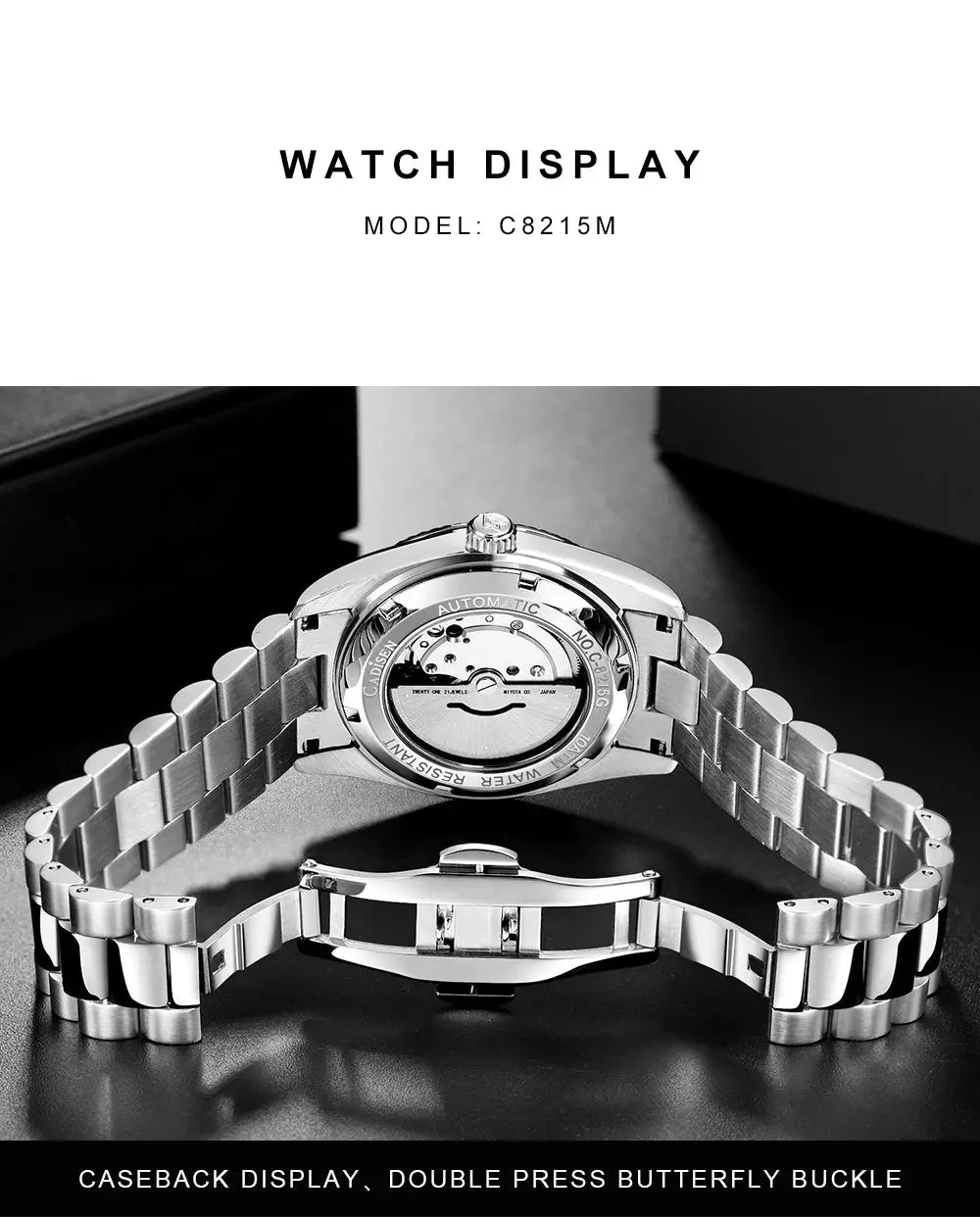 CADISEN DD40 men’s stainless steel automatic watch with metal bracelet, caseback view