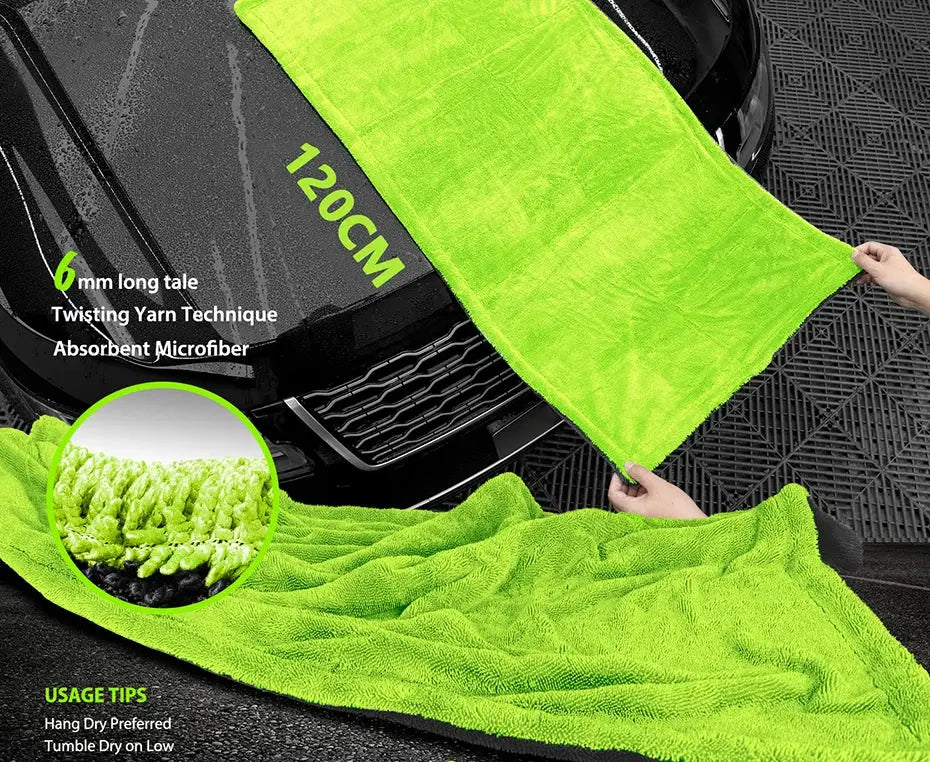 Car drying towel by Simples Market, 1400GSM heavy-duty, lime green, 60x120cm, double-sided microfiber