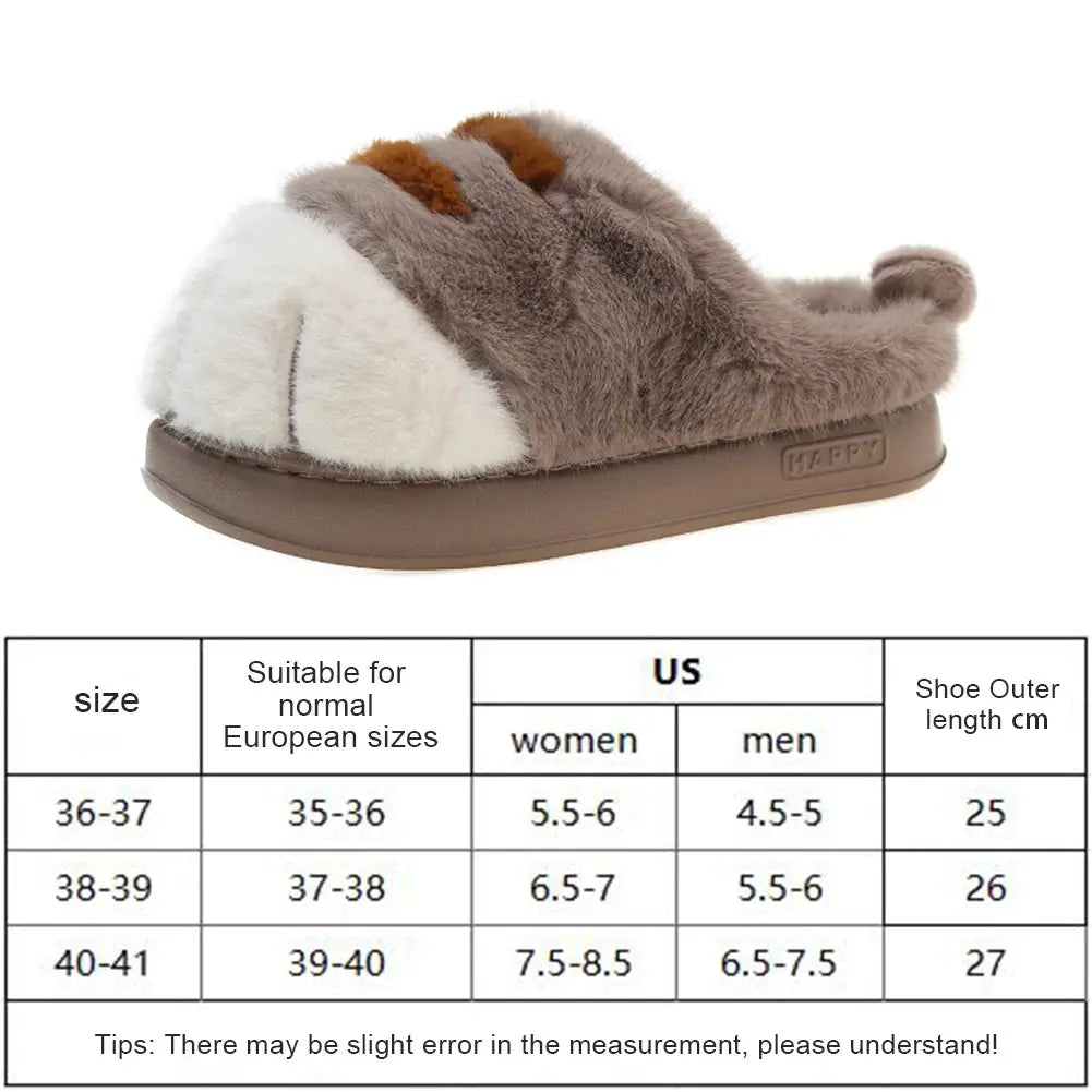 Simples Market 3D Cat Paw Plush Slippers, fluffy warm slip-ons with anti-slip sole in brown and white, unisex.