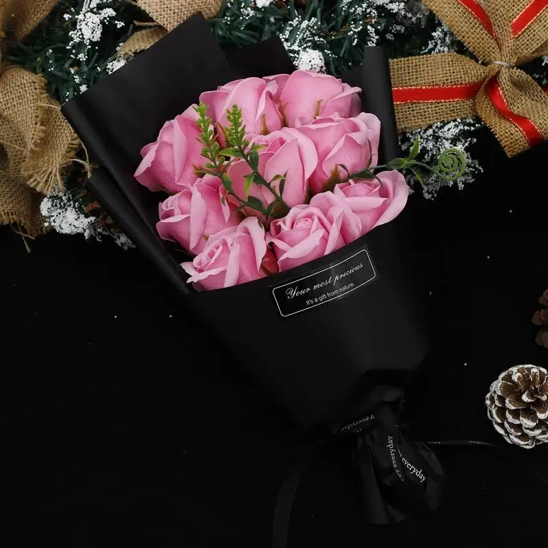 9-head pink soap rose bouquet, artificial roses with greenery in black wrap, gift-ready home decor