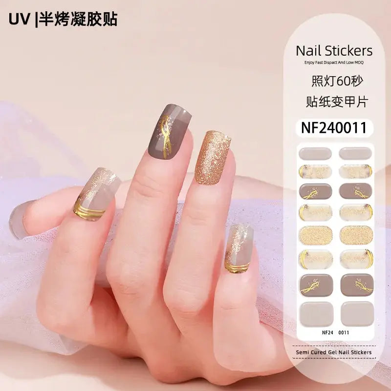 Simples Market gel nail wraps set; full-cover nail stickers in taupe and gold glitter finishes