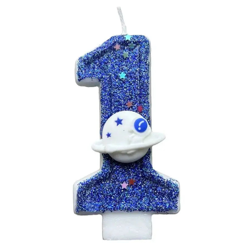 Planet Themed Spaceship Digital Candle 0 To 9 Dark Blue Birthday Cake Decoration For Outer Space Party