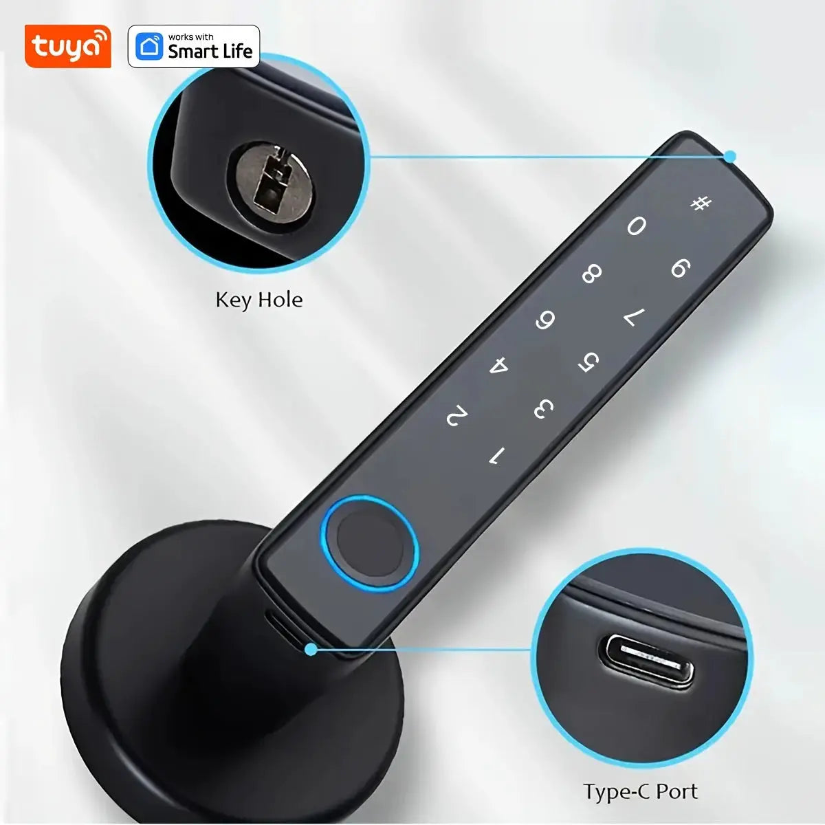 Tuya smart biometric door lock with fingerprint sensor and numeric keypad, black finish, Type-C port