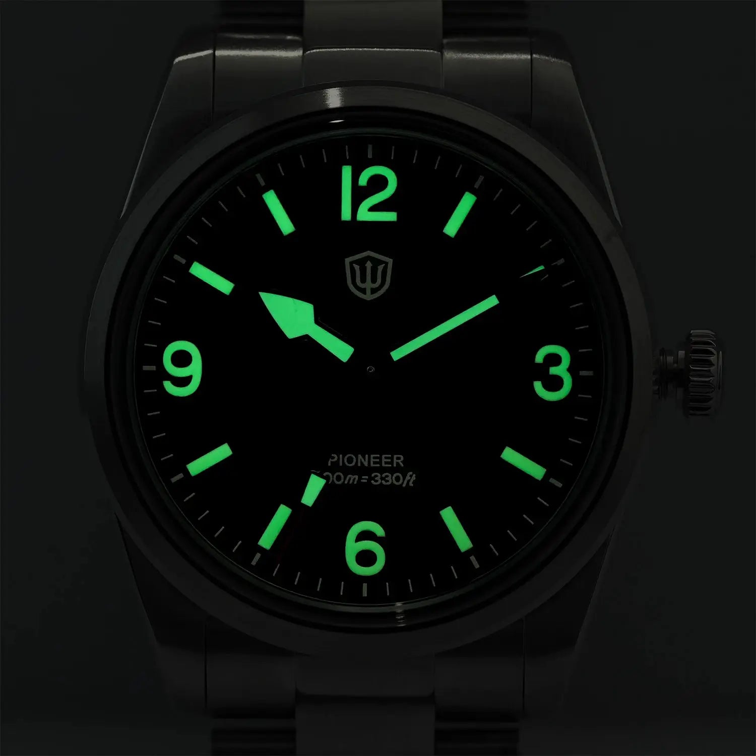 Watchdives WD1960S V2 wristwatch with stainless steel case and bracelet, black dial with green luminescent markers.