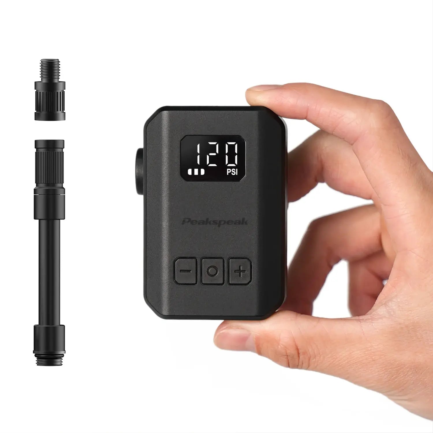 TOPUMP TB2 PRO electric mini portable bike pump with digital display showing 120 PSI, black handheld unit