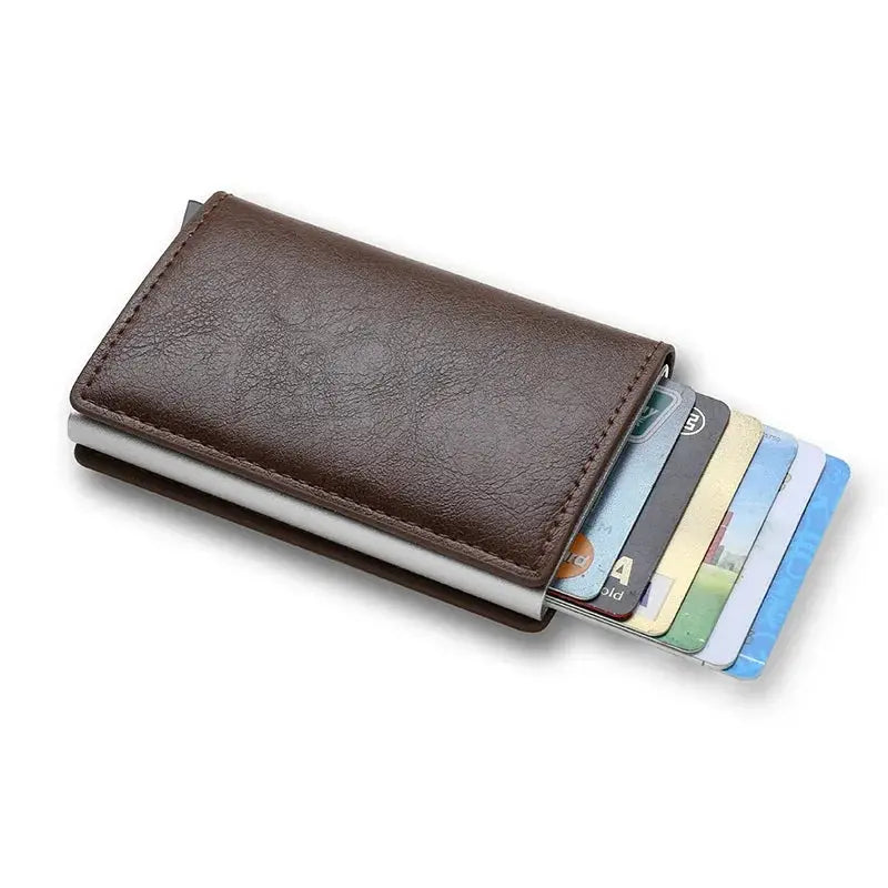 Anti theft RFID card wallet in brown leather slim minimalist design with multiple cards visible