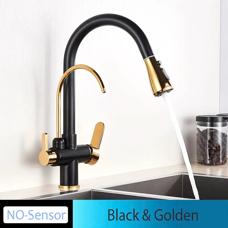Onyzpily kitchen faucet, black with gold accents, pull-out spray, deck-mounted dual-handle; NO-Sensor