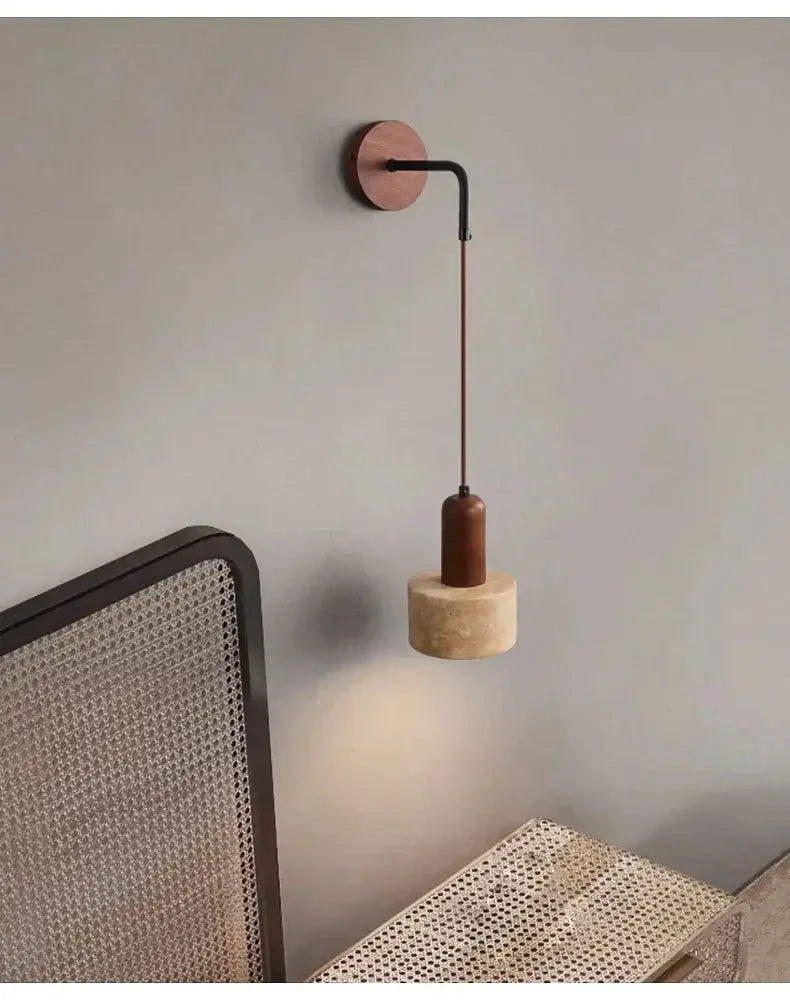 Simples Market wall lamp with wabi-sabi natural stone and peach wood color bedside LED sconce.