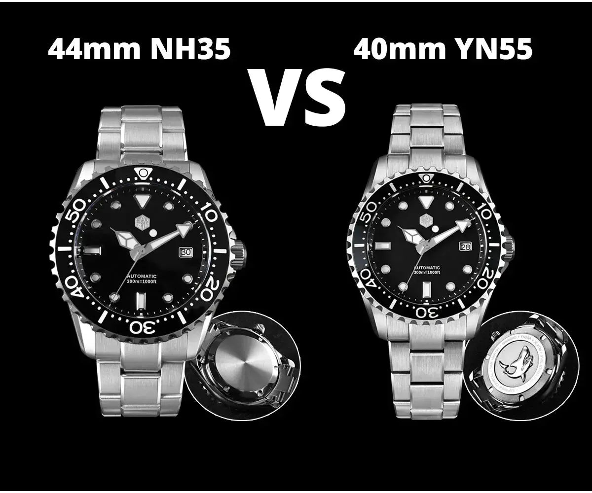 San Martin diver watches: two, 44mm NH35 left and 40mm YN55 right, stainless steel bracelets, black dials.
