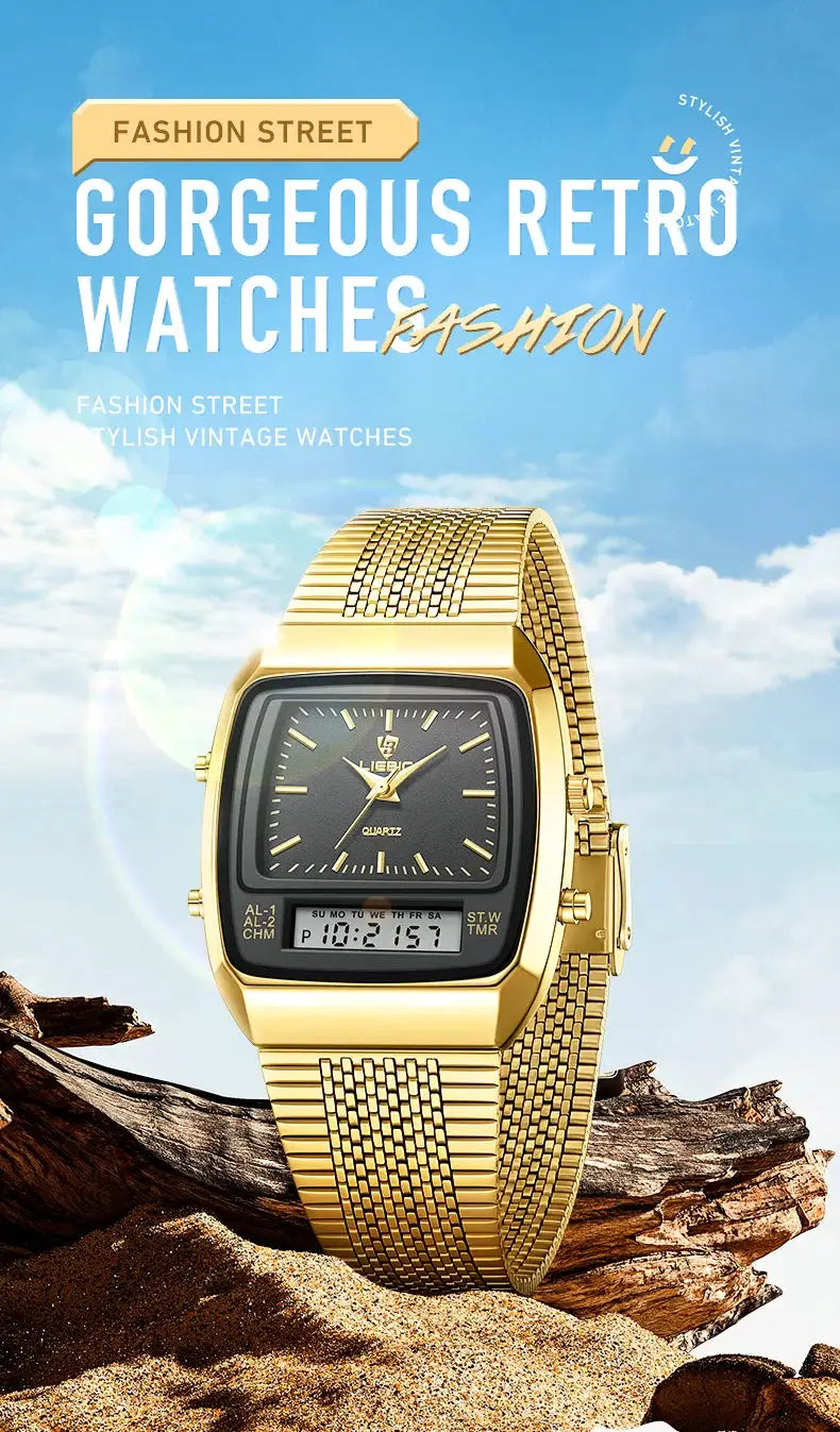 Gold-tone men's sport watch with analog dial and digital dual-time display on a metal bracelet