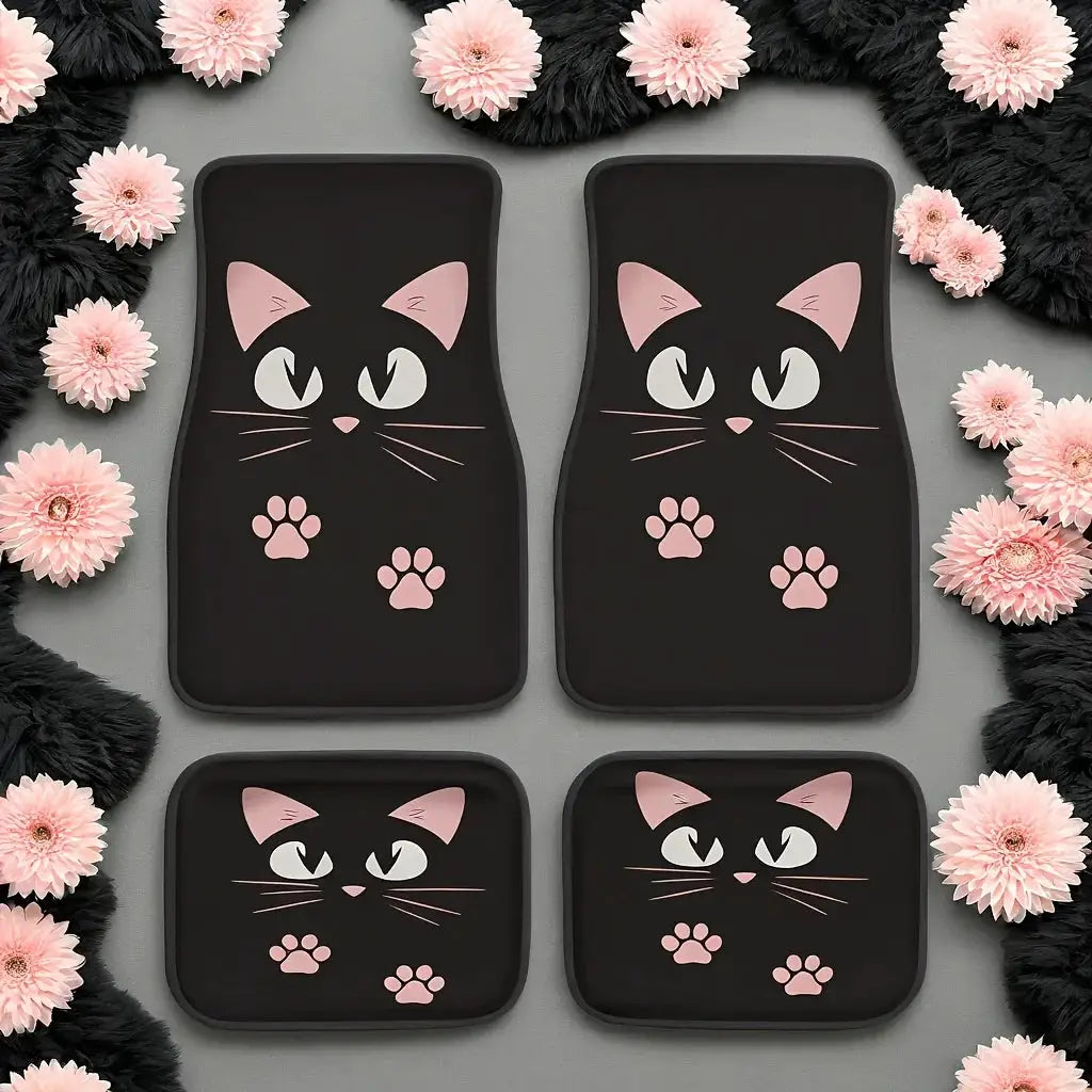 4-piece car floor mats by Simples Market, black anti-skid mats with pink cartoon cat faces and paw prints.