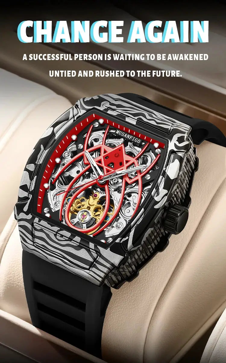 MUSANFIGO Automatic Hollow Mechanical Watch, barrel-shaped skeleton dial with red accents, black strap