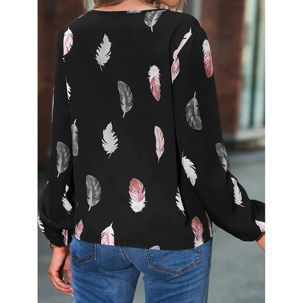 Womens black feather-print chiffon blouse with long sleeves, pink and gray feather motifs.
