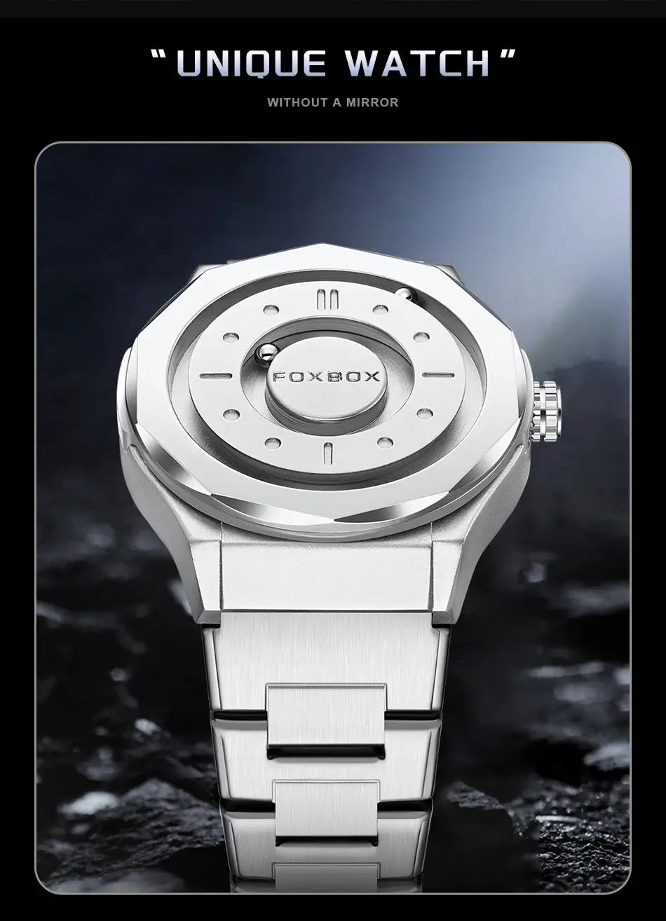 FOXBOX men's stainless steel quartz watch with a silver-tone metal bracelet