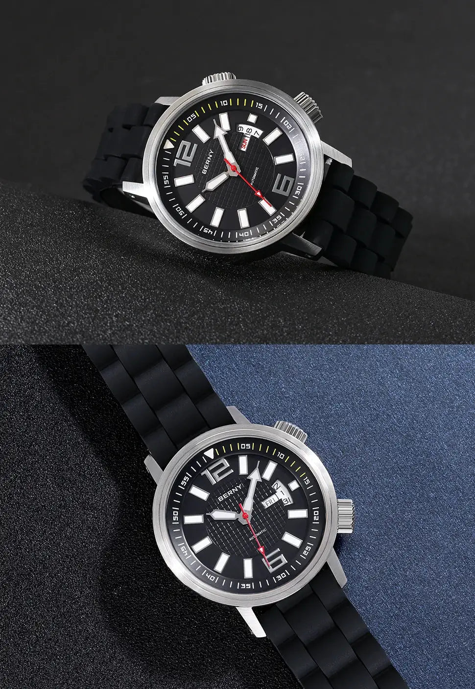BERNY men's diver watch; shown twice, black dial, luminous markers, rubber strap, automatic movement, 20ATM.