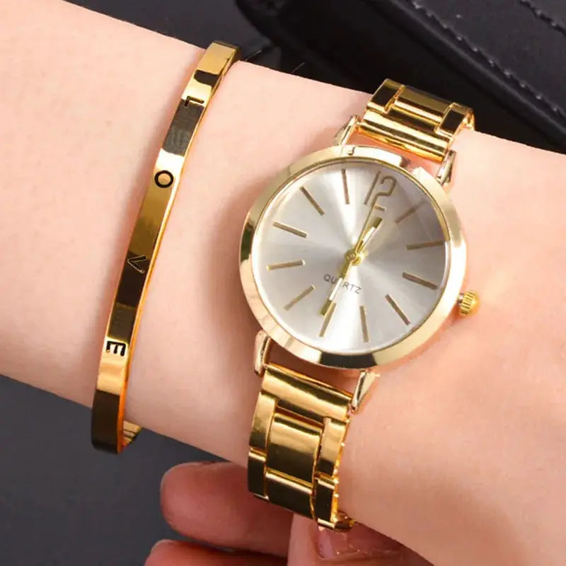 2pc gold-tone women's watch set with quartz silver dial and matching bracelet