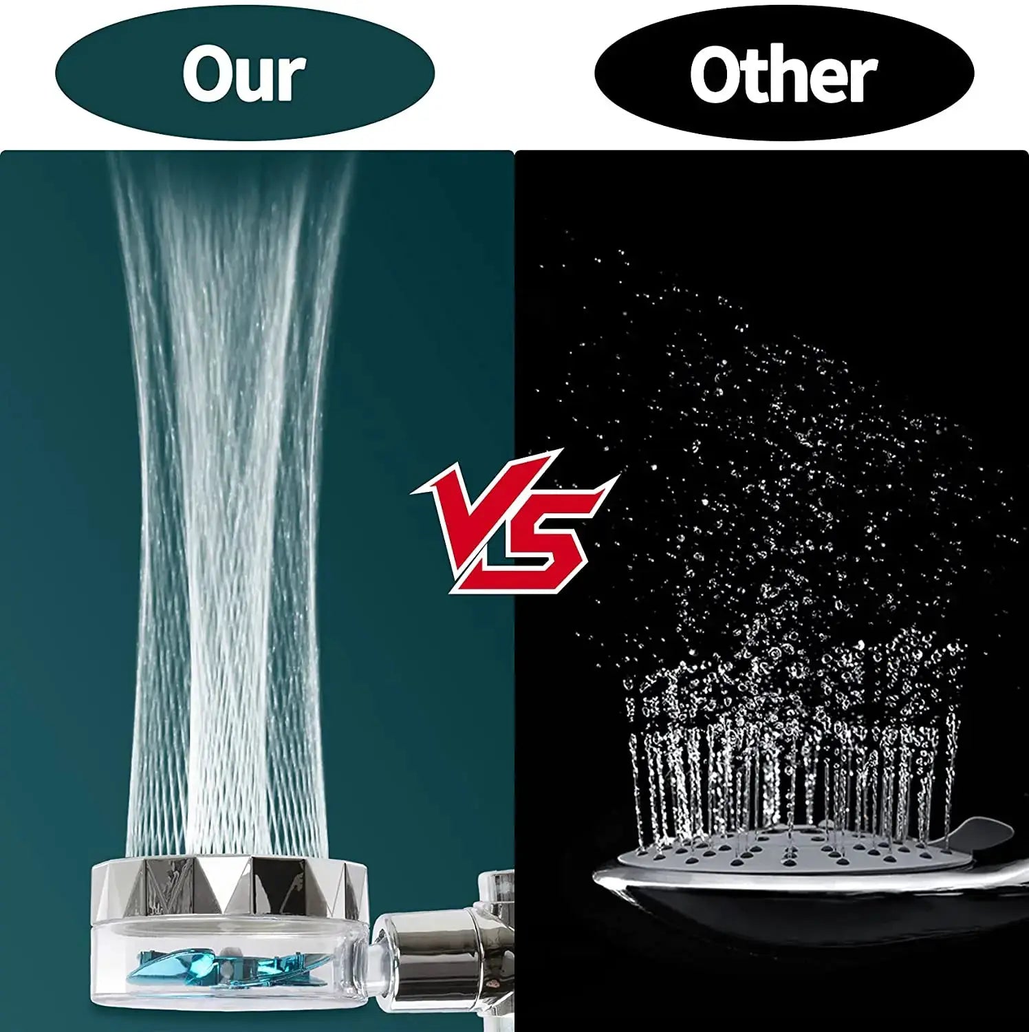 High-pressure handheld shower head with filter and chrome finish; split image shows two shower heads