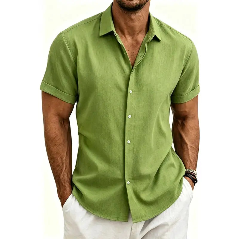 Men's green cotton-linen short-sleeve casual shirt with button-front