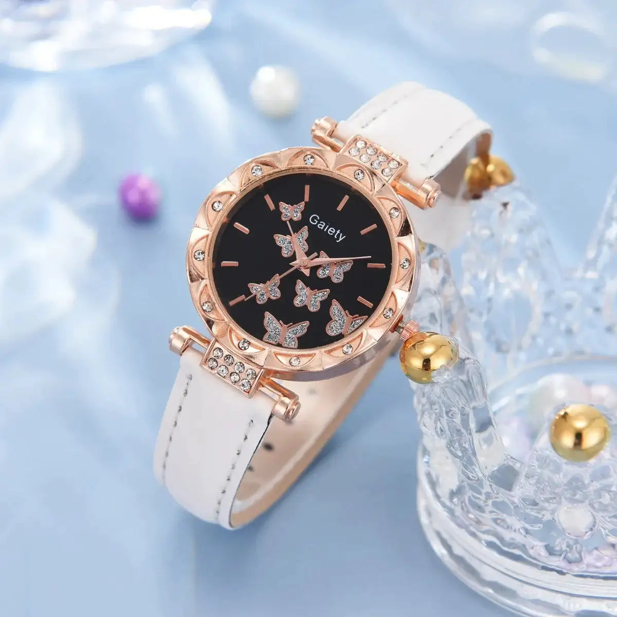 Butterfly Lane Watch Set Leather Strap Quartz Wristwatch With Matching Ring Necklace Earrings Bracelet