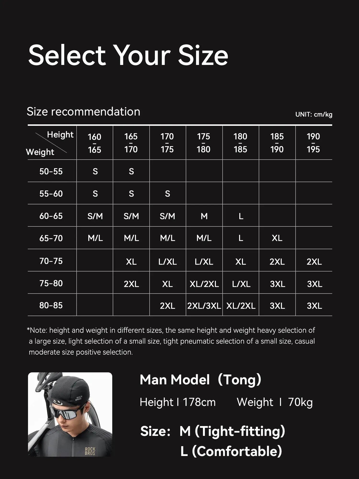 ROCKBROS men's cycling short sleeve top size chart by Simples Market
