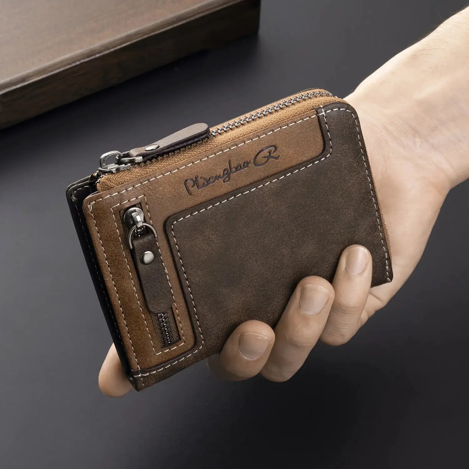 Men's retro zipper wallet in two-tone brown PU leather with card slots and coin pouch