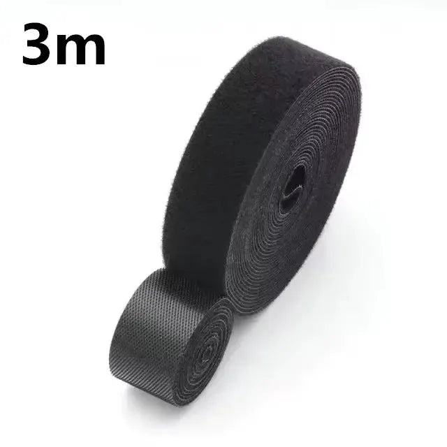 Two black hook-and-loop cable management tape rolls, 3m each, for earphones and mouse cables.