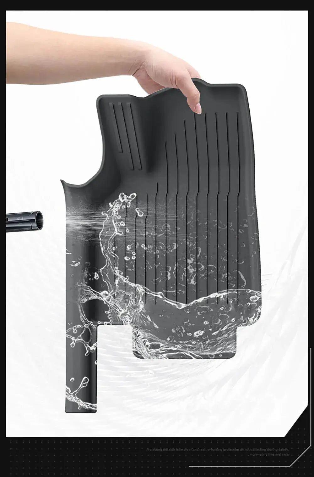 Tesla Model Y all-weather floor mat with door sill protection strip, black rubber with ribbed surface