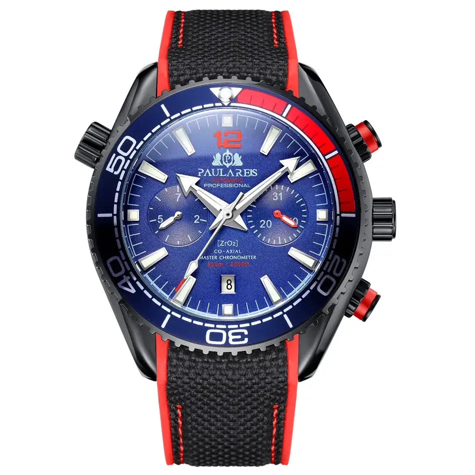 PAULAREIS P luxury men’s automatic watch with blue dial, black case, and black/red rubber strap
