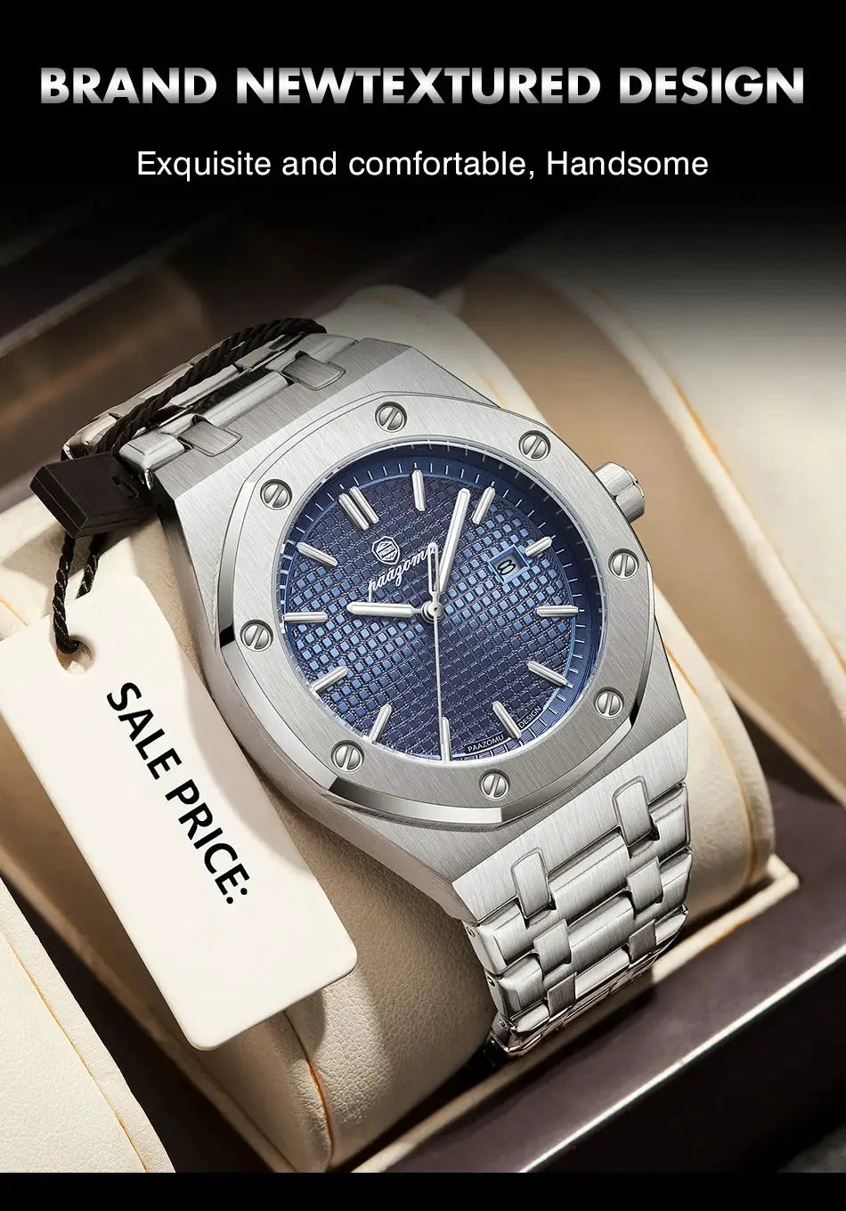 PAAZOMU luxury square men's quartz watch, stainless steel bracelet, blue textured dial with date, sale price tag
