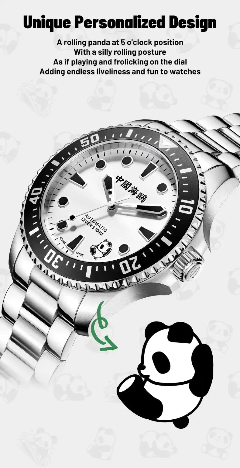 Seagull panda diving watch; stainless steel bracelet, white dial with panda logo and black bezel, automatic movement