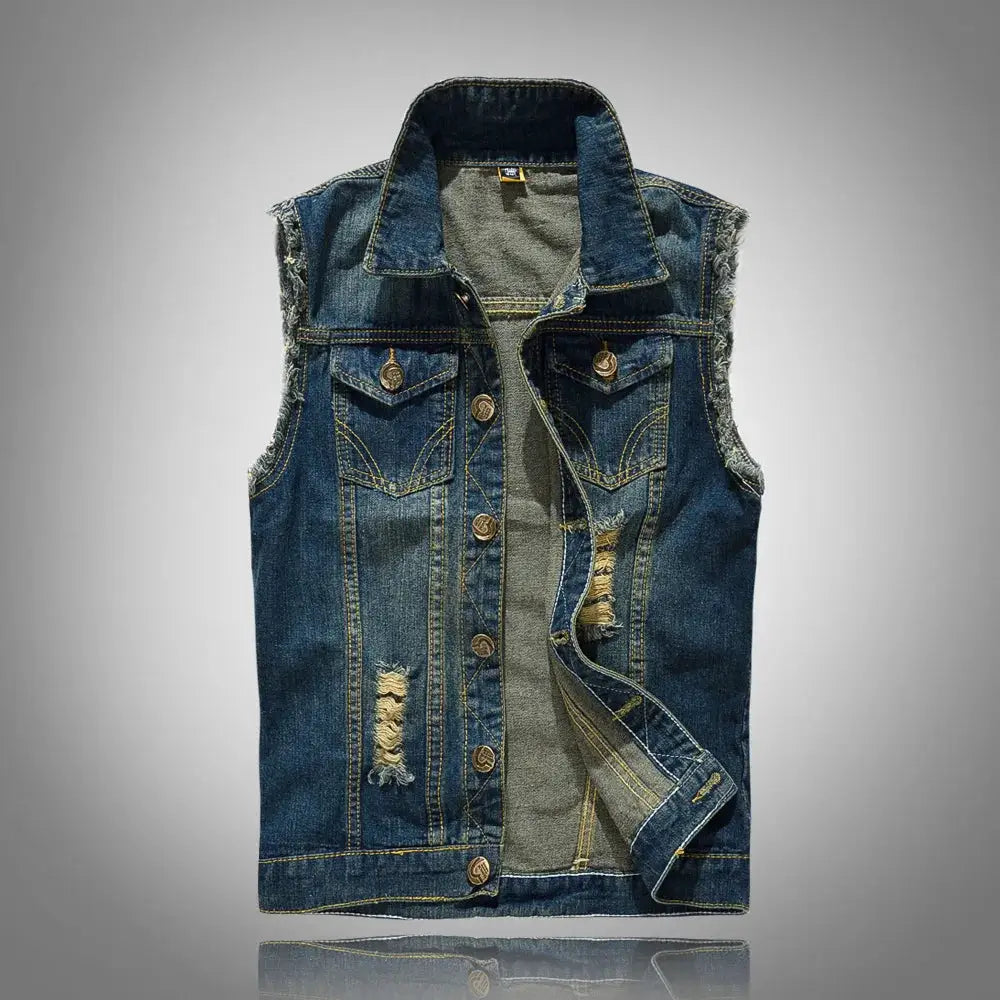 Men's denim sleeveless vest by Simples Market; blue distressed denim with frayed armholes and front pockets.