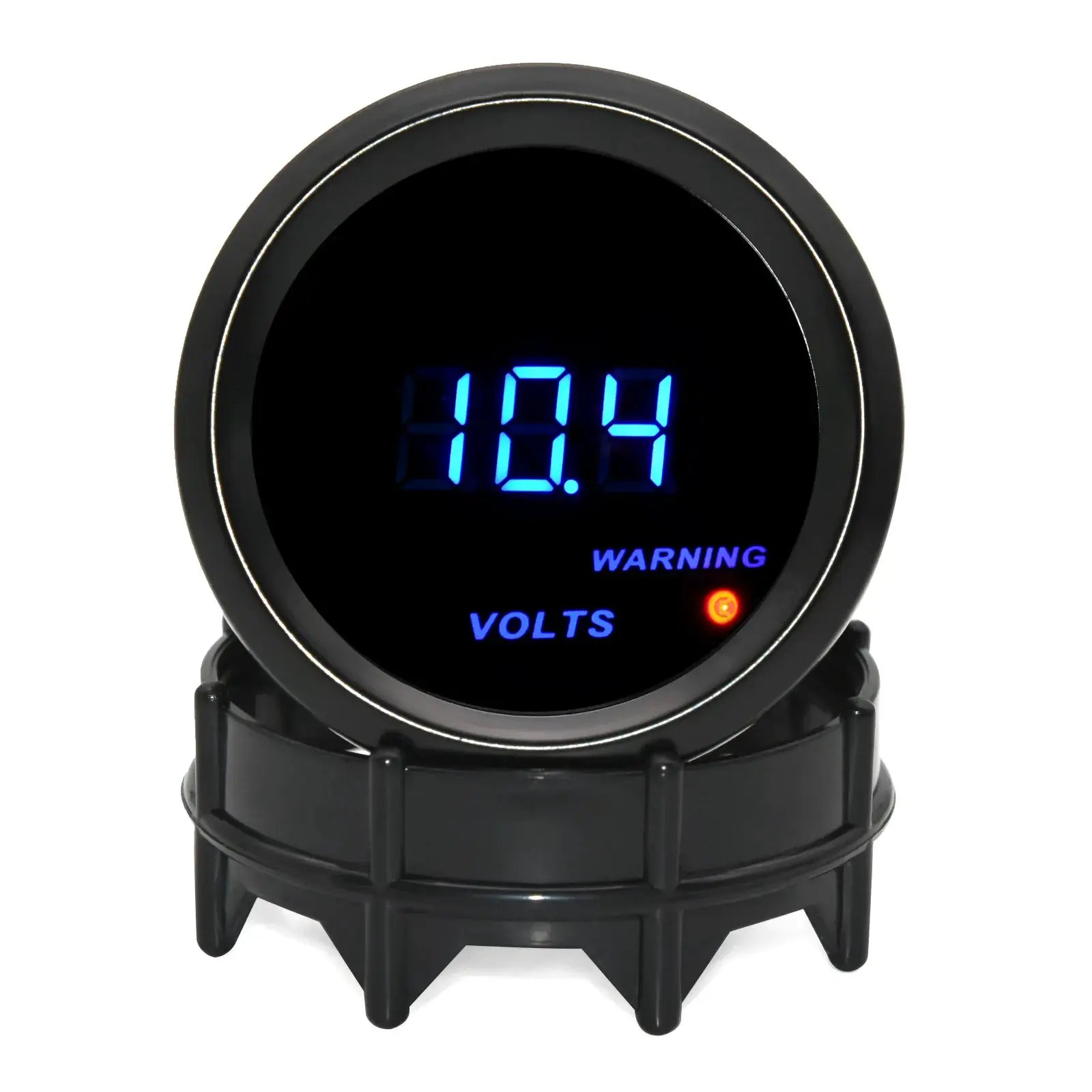 Universal 2-inch 52mm digital voltmeter gauge with blue LED digits, black housing and warning light.