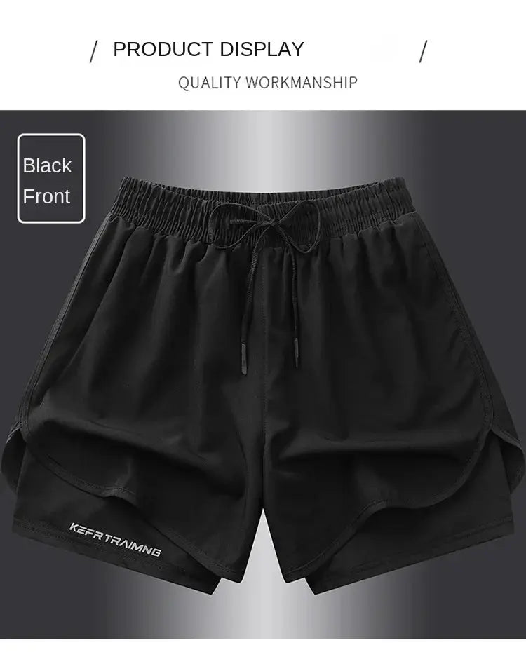 Black KEFR Training athletic shorts with drawstring; quick-dry running shorts, front view