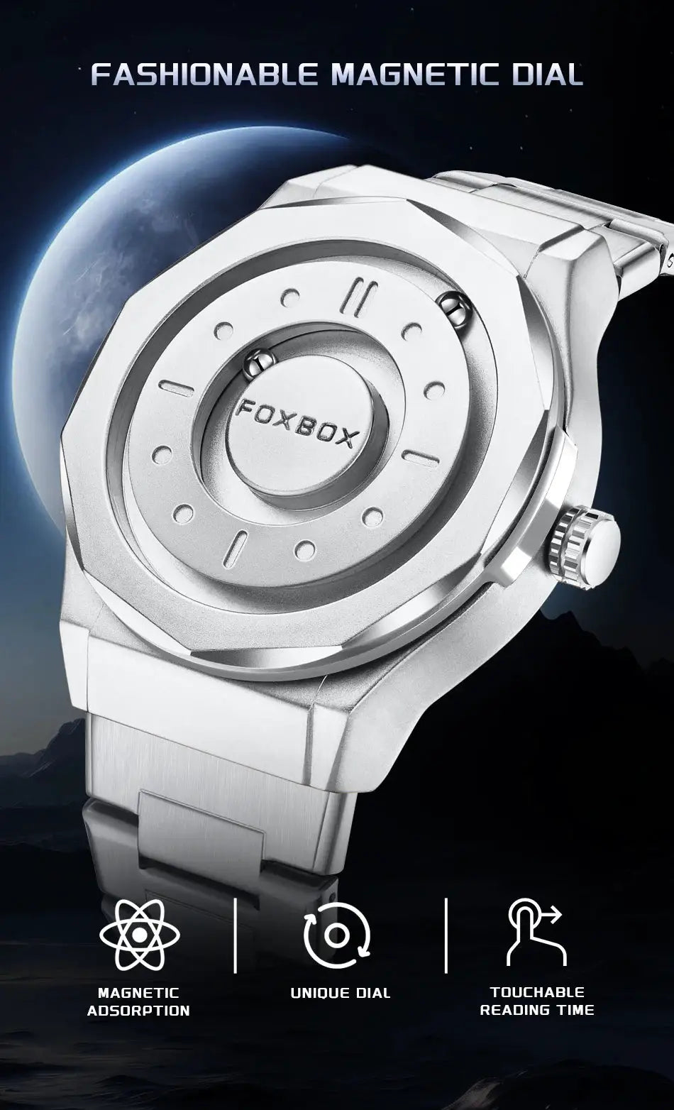 FOXBOX men's stainless steel quartz watch with magnetic dial and metal bracelet
