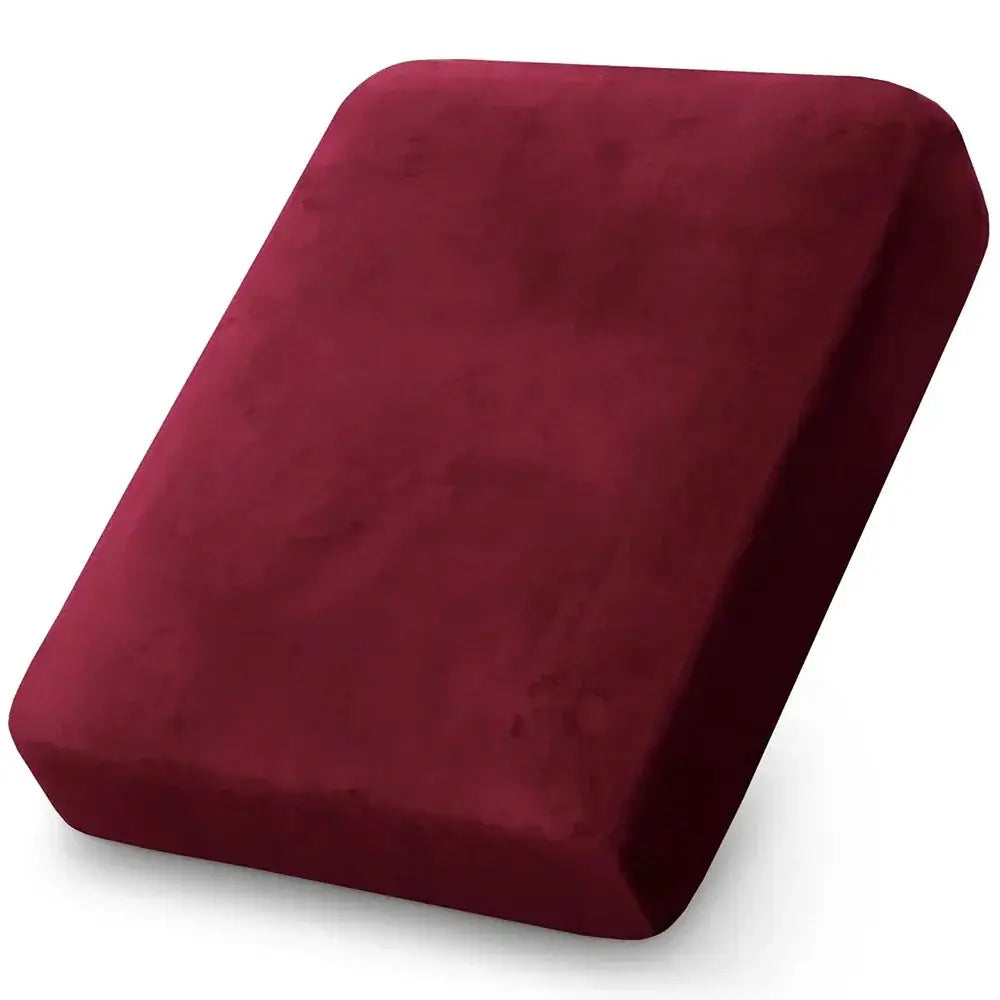 Velvet sofa cushion cover in burgundy by Simples Market; plush stretch slipcover for living room.