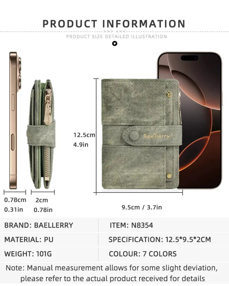 Baellerry women's short wallet with zipper coin pocket, green denim texture, detachable card clip.