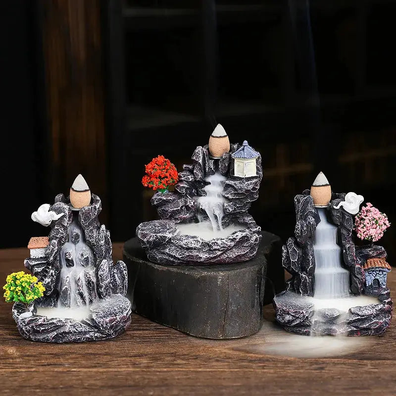 Resin Cascade Backflow Incense Burner With Mountain Waterfall Design For Home Decor And Meditation Gift