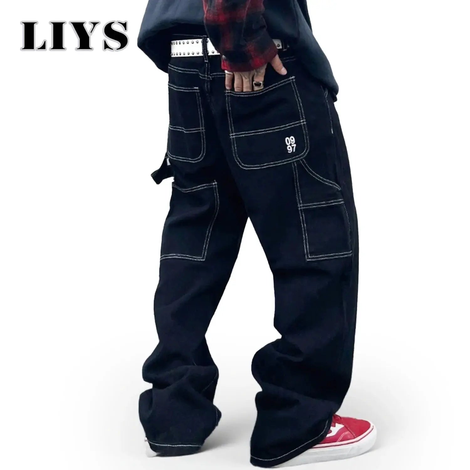 Liys black denim work jeans for men with cargo pockets, white contrast stitching, straight-leg