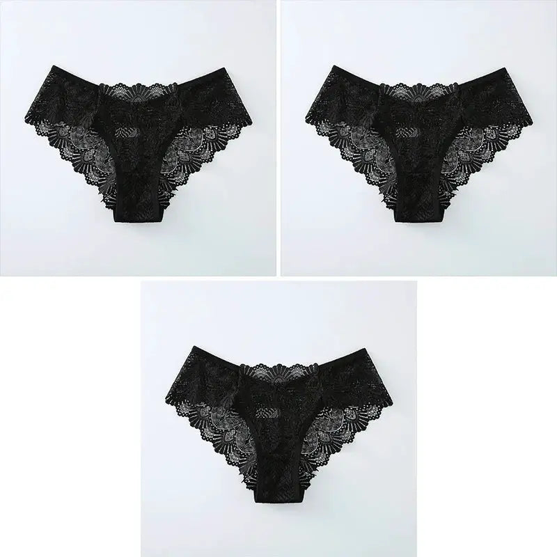Lace panties by Simples Market, black mid-waist seamless underwear with scalloped lace