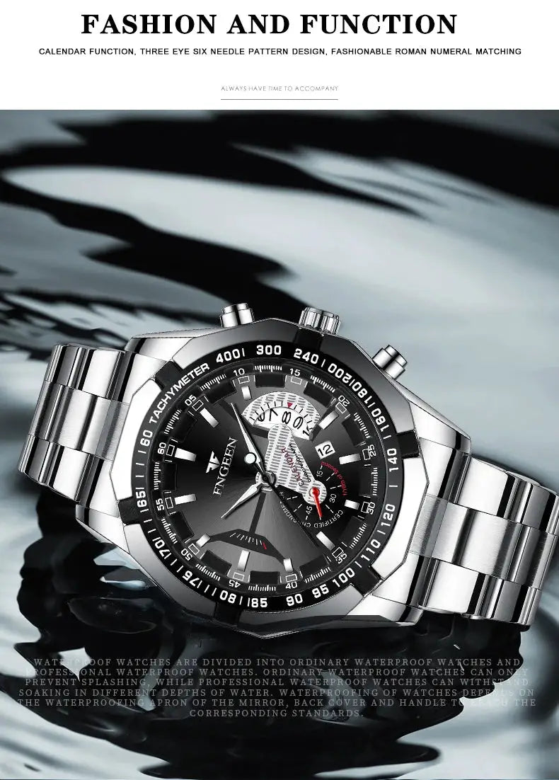 BINBOND men's stainless steel waterproof quartz wristwatch with luminous dial, tachymeter bezel and date window