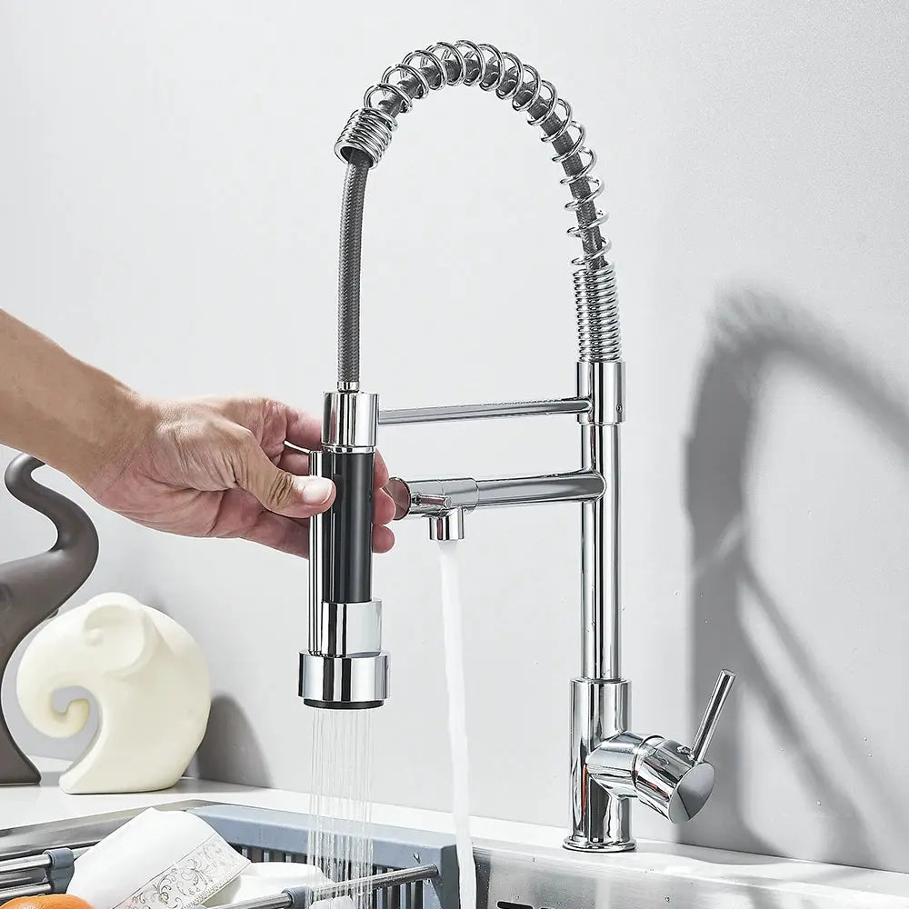Chrome kitchen faucet with pull-down spray head, flexible hose, dual swivel spout, deck-mounted