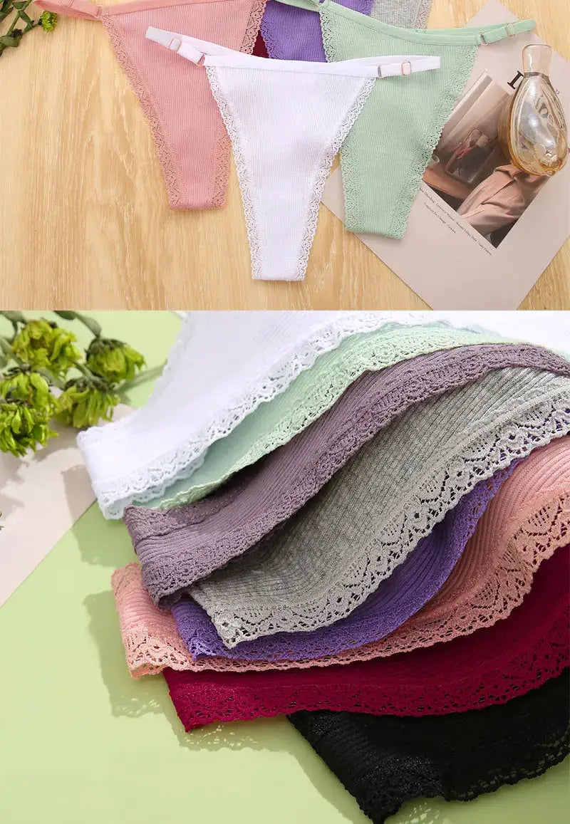Cotton G-string panties 5-piece set in assorted colors with lace trim and adjustable waist