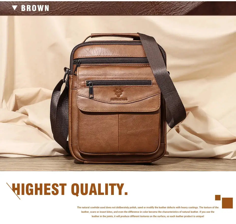 HUMERPAUL small genuine leather messenger bag for men with crossbody strap in brown
