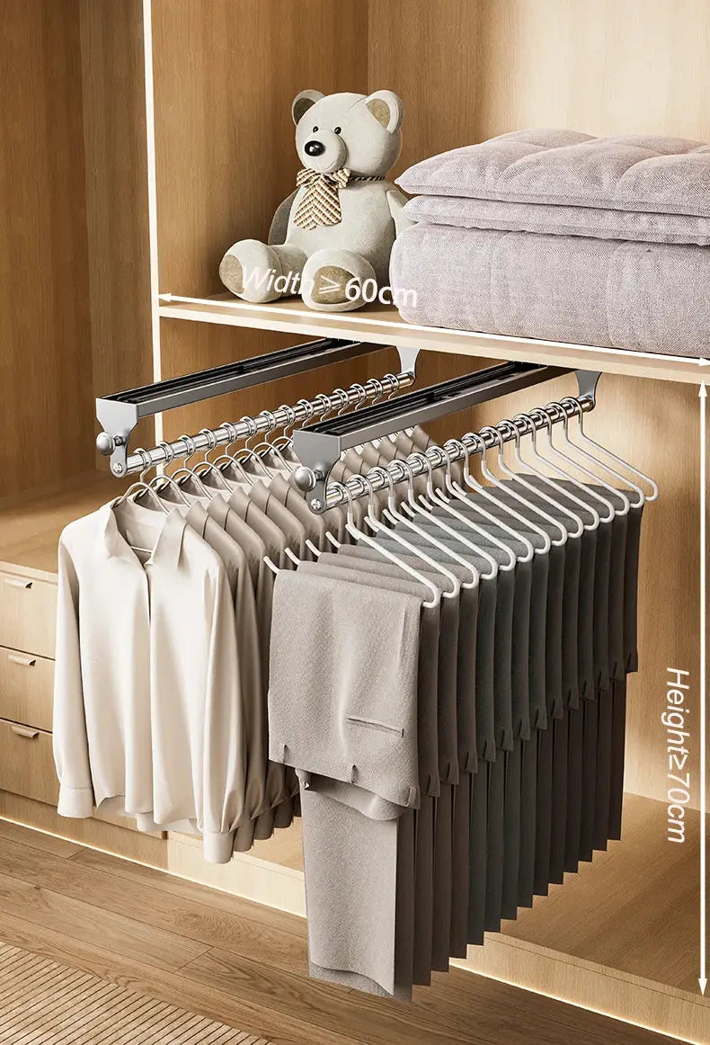 Pull-out trouser hanger wardrobe organizer with dual metal rails and non-slip hangers